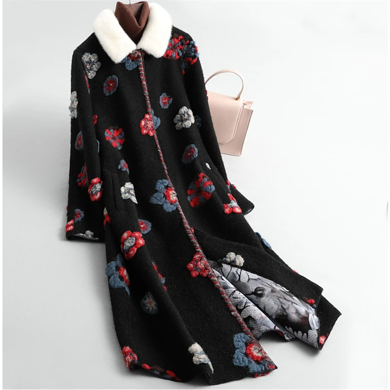 Winter Clothes Famale Long Casual Sheep Shearing Real Fur Coat Women Mink Fur Collar Fashion 3D Print Floral Jacket Parkas Top