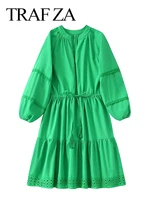 traf za womens solid color green dress raglan long sleeves lace drawstring tassel casual fashion half open collar loose dress