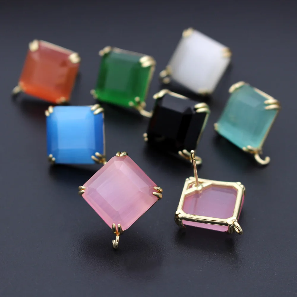 

6pairs Gold Plated Square Cats Eye Stone Earrings Post with Open Loop Connectors DIY For Women Geometric Dangle Earrings