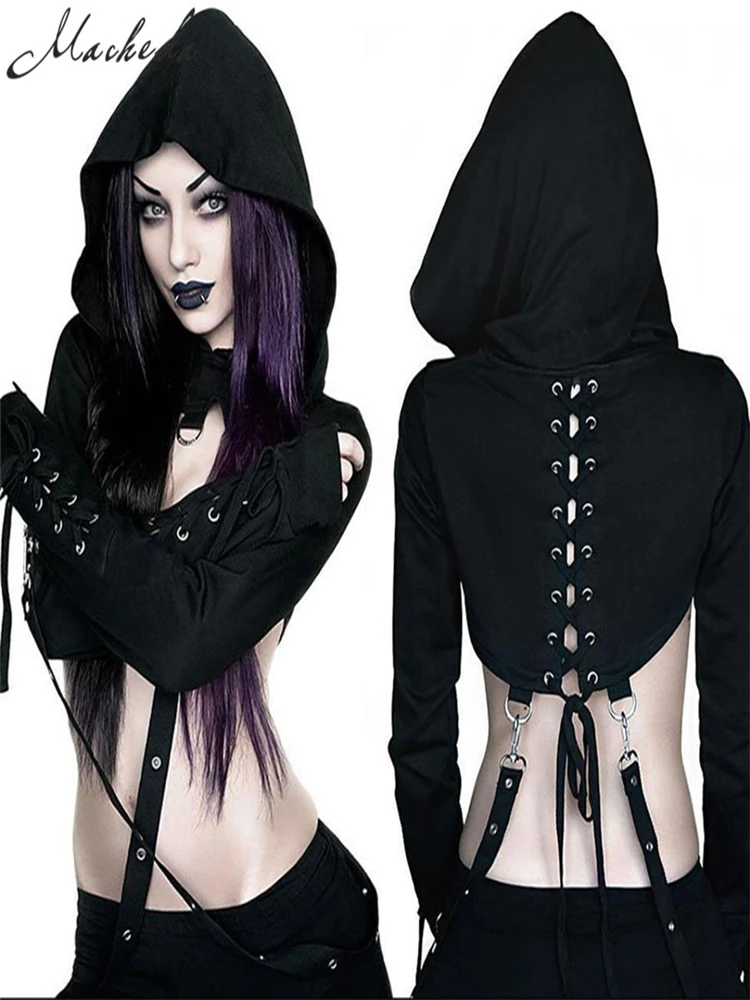 

Macheda Short Gothic Women Hoodies Back Lace Up Sexy Cropped Top Long Sleeve Street Casual Sweatshirt Tracksuit Hoody