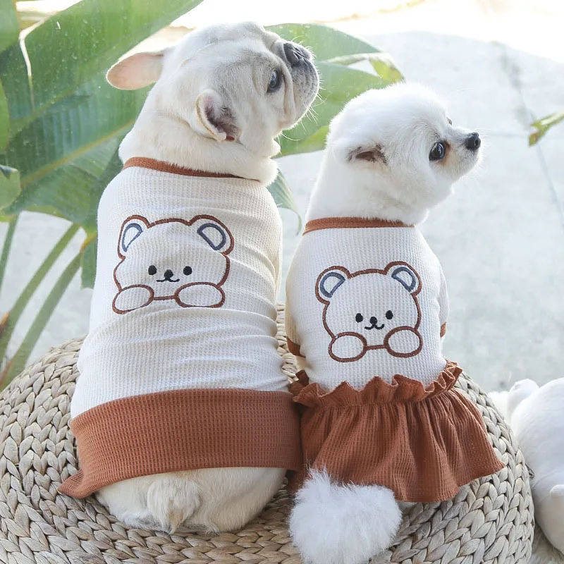 

New Pet Dog Cute Clothes Small Medium Pet Cat Dog Dress Khaki Bear Print Chihuahua Pug Puppy Supplie Spring 2022 Couple Outfit