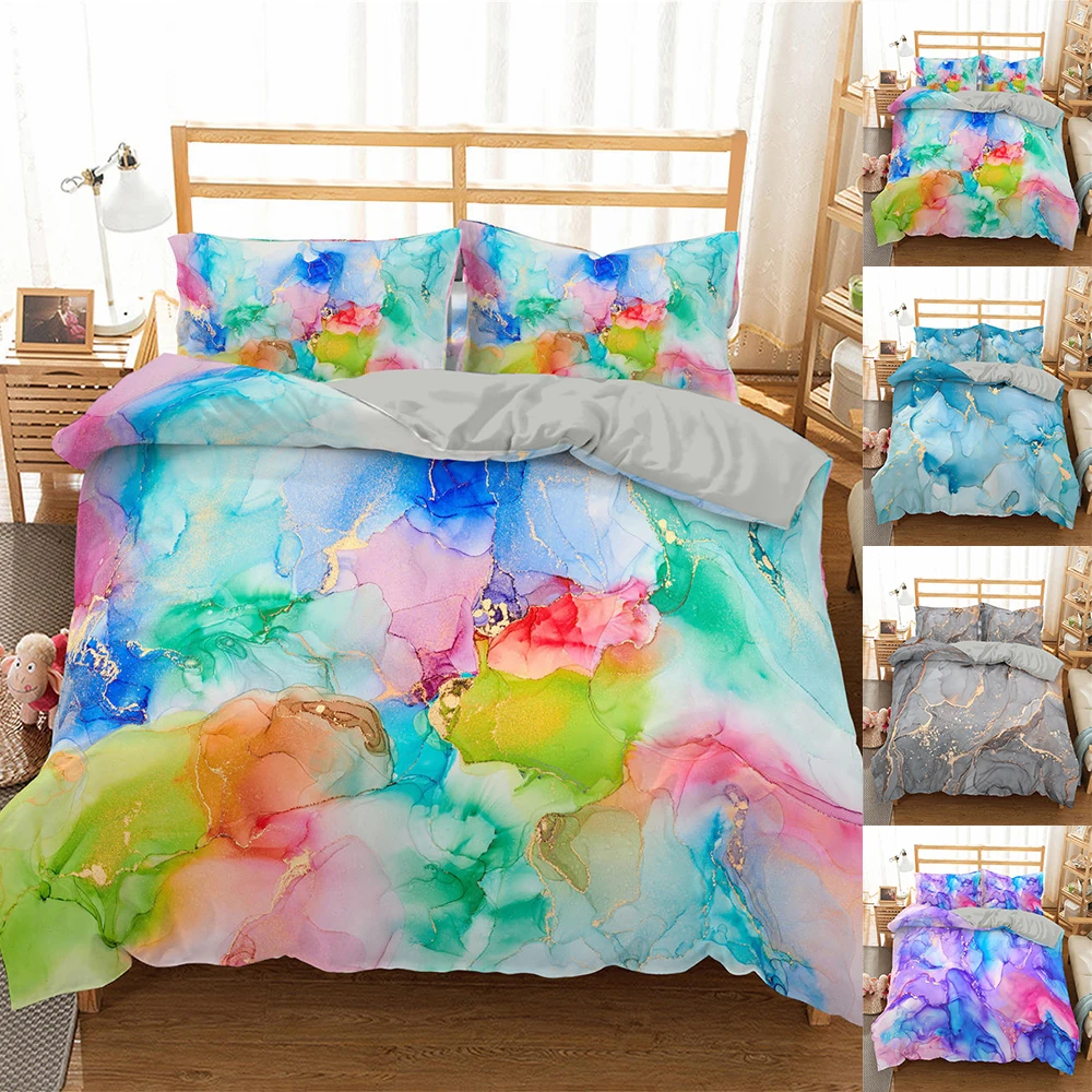 

Colorful Marble Pattern Printed Bedding Four-piece Quilt Cover Set Double Bed Household Soft Comfortable Quilt Cover (No Sheets)