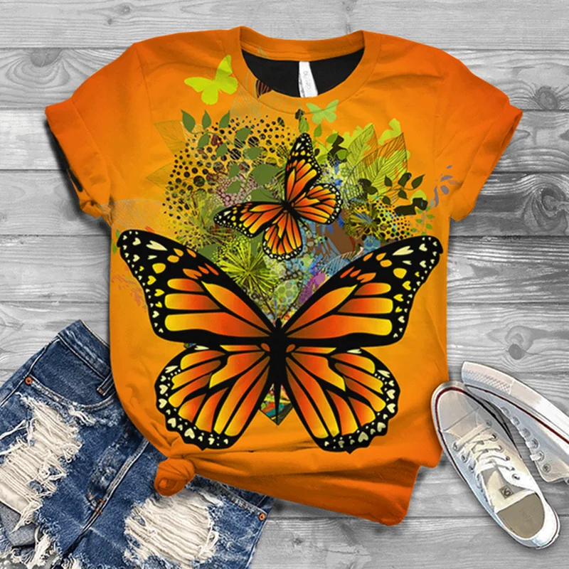 

2023 New Women T-shirts Fashion 3D Butterfly Print Tshirt for Ladies Casual Streetwear Short Sleeves Tops Female Clothing Tee