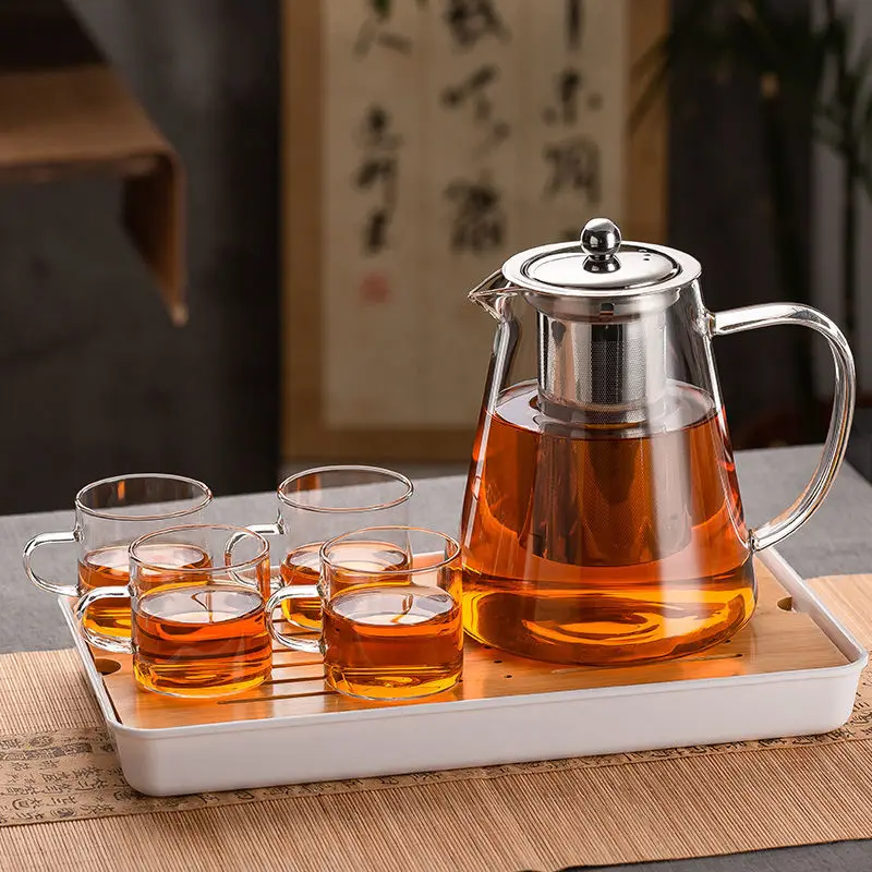 

1200ML Teapot Set Cup with Stainless Steel Infuser Heated Container Tea Pot Good Clear Kettle Square Filter Baskets