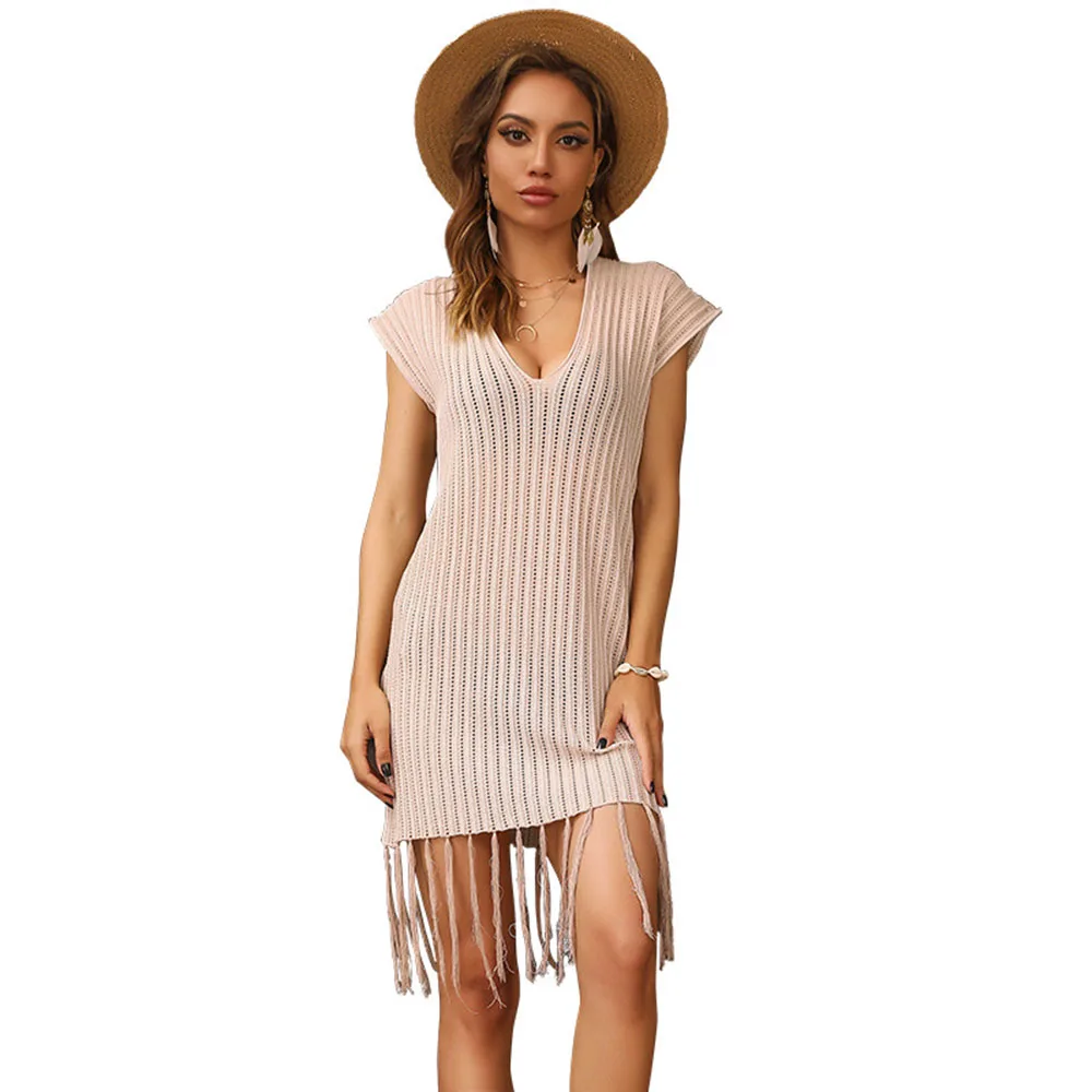 

Women's Summer Swimwear Sexy Hollow Deep V Neck Fashion Knitted Tassel Short Sleeve Beach Women Sunscreen Dresses 2021femme Robe