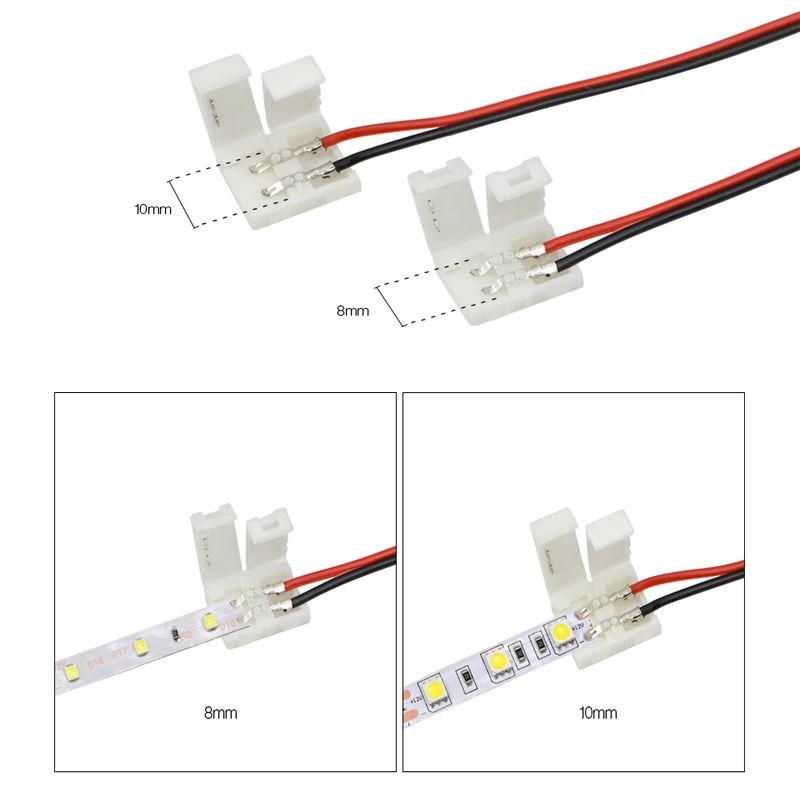 

10 шт. 2-контактные разъемы для светодиодных лент 8 мм/10 мм, беспаечный разъем для проводов питания для 2835/5050, светодиодные ленты, лента для печатной платы, 15 см