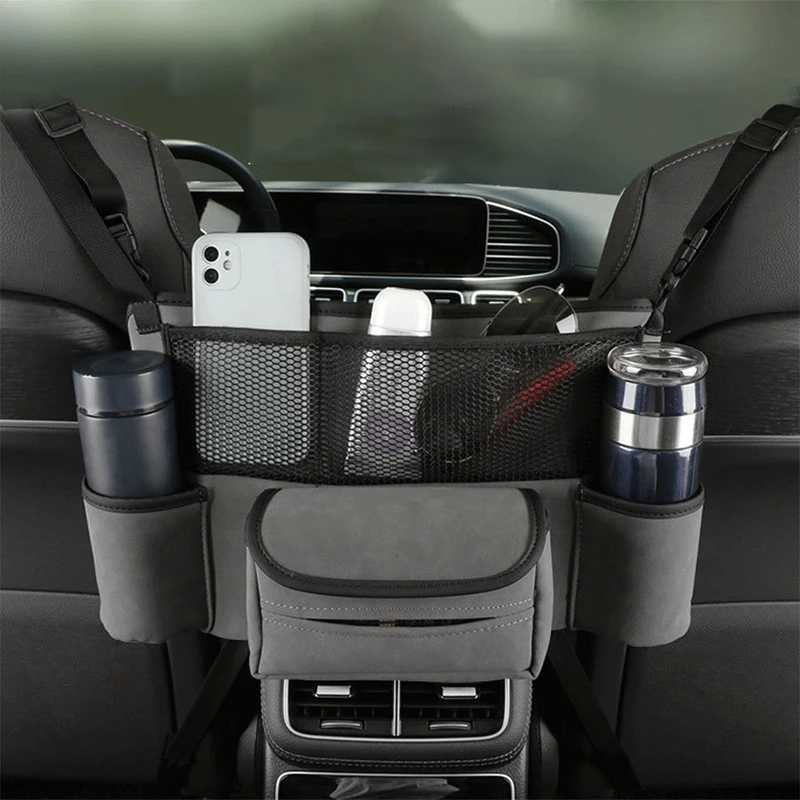 

Leather Car Seat Middle Hanger Storage Bag Auto Handbag Holder Between Seats Tissue Water Cup Pockets Stowing Tidying Universal