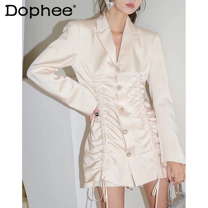 

Elegant Suit Collar Drawstring Ruched Satin Suit Dress 2022 Spring Autumn New Ladies Single-Breasted Long Sleeve Business Blazer
