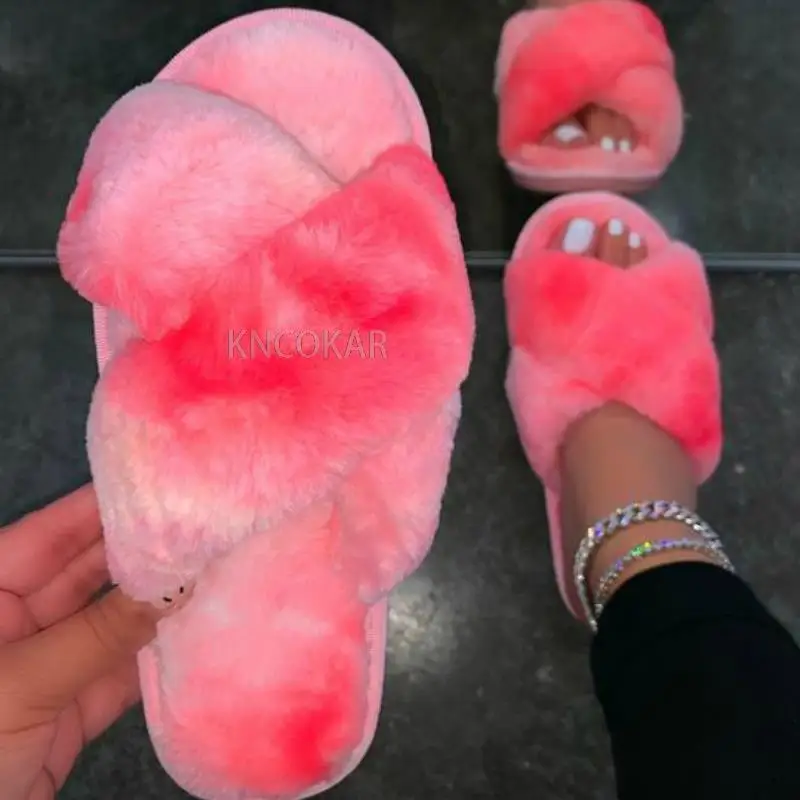 Winter Women Mix Colors Furry Slippers Flat Fluffy Soft Fur House Slides Floor Non-slip Warm Fashion Indoor Shoes