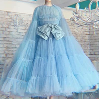 xijun baby blue%c2%a0tiered ruffles prom dresses long sleeves ruched shinny tulle formal party dress with bows short evening gown