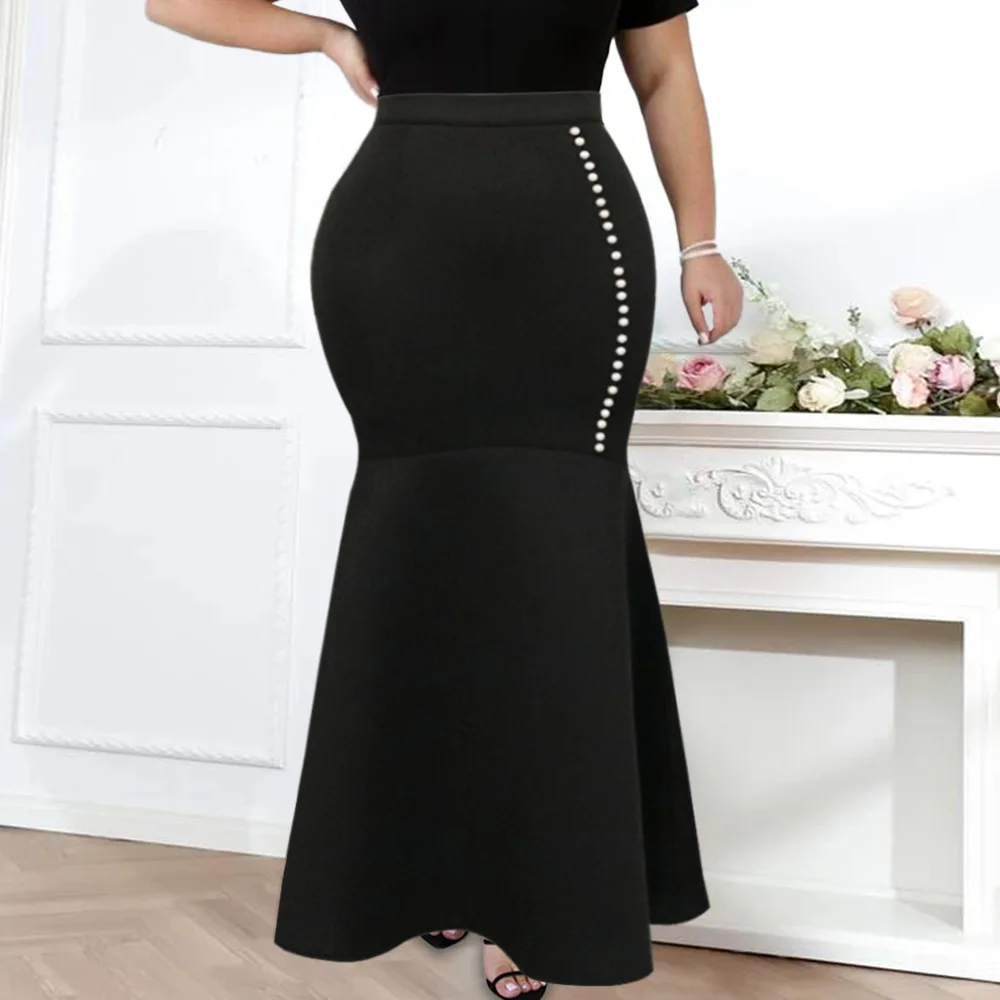 

Women Skirt Black Bodycon Ruffles Pleated Bead Spring Summer 2022 High Waist Elegant Office Lady Long Skirts Woman Fashion 2022