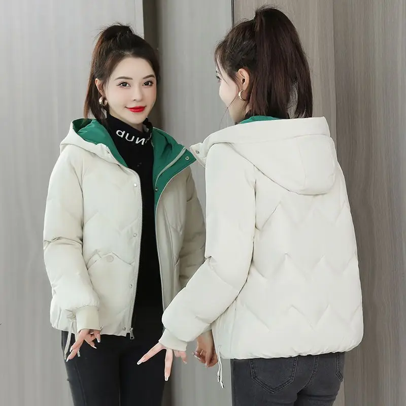 2023 New Down Cotton Jacket Women Hong Kong Style Loose Jacket New Winter Thickened Short Coat hooded OUTERWEAR