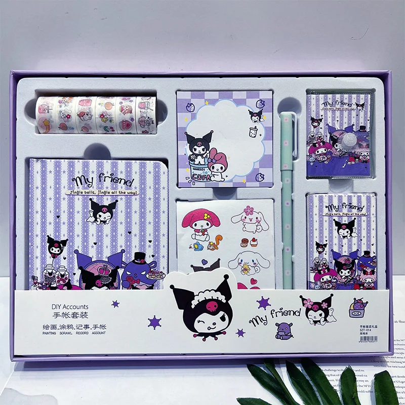 

Kuromi Cinnamoroll Kawaii Anime Sanrio Handbook Set Cute Cartoon My Melody Pencil Tape Sticker Stationery Notepad Toys Gifts Box