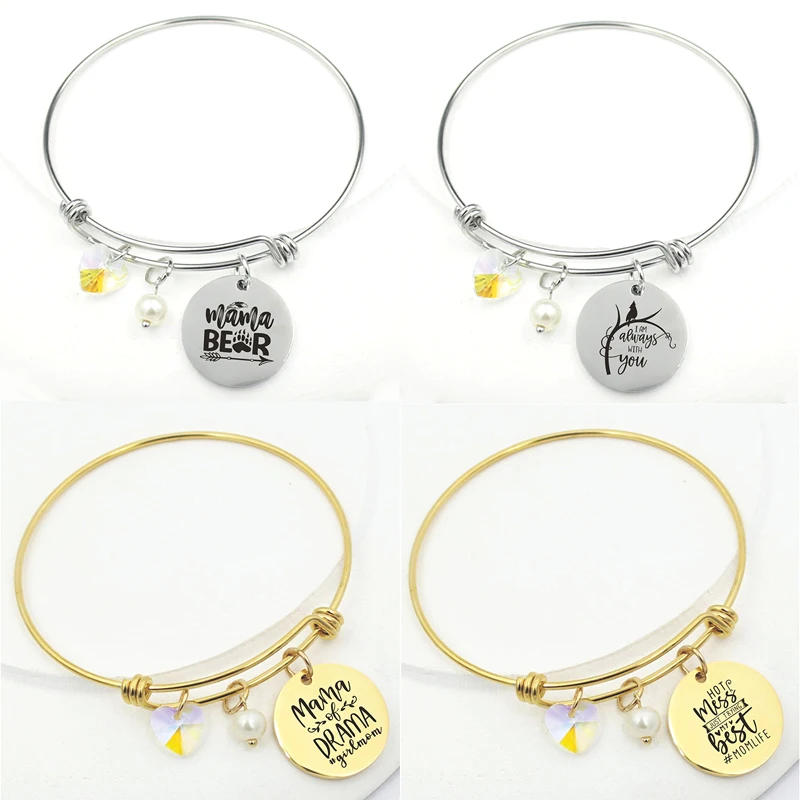 

New Arrival MOM Gift Stainless Steel Bangle Crystal Heart Pearl Charm Bracelet for Mother Day Gifts Mama Jewelry Pulsera