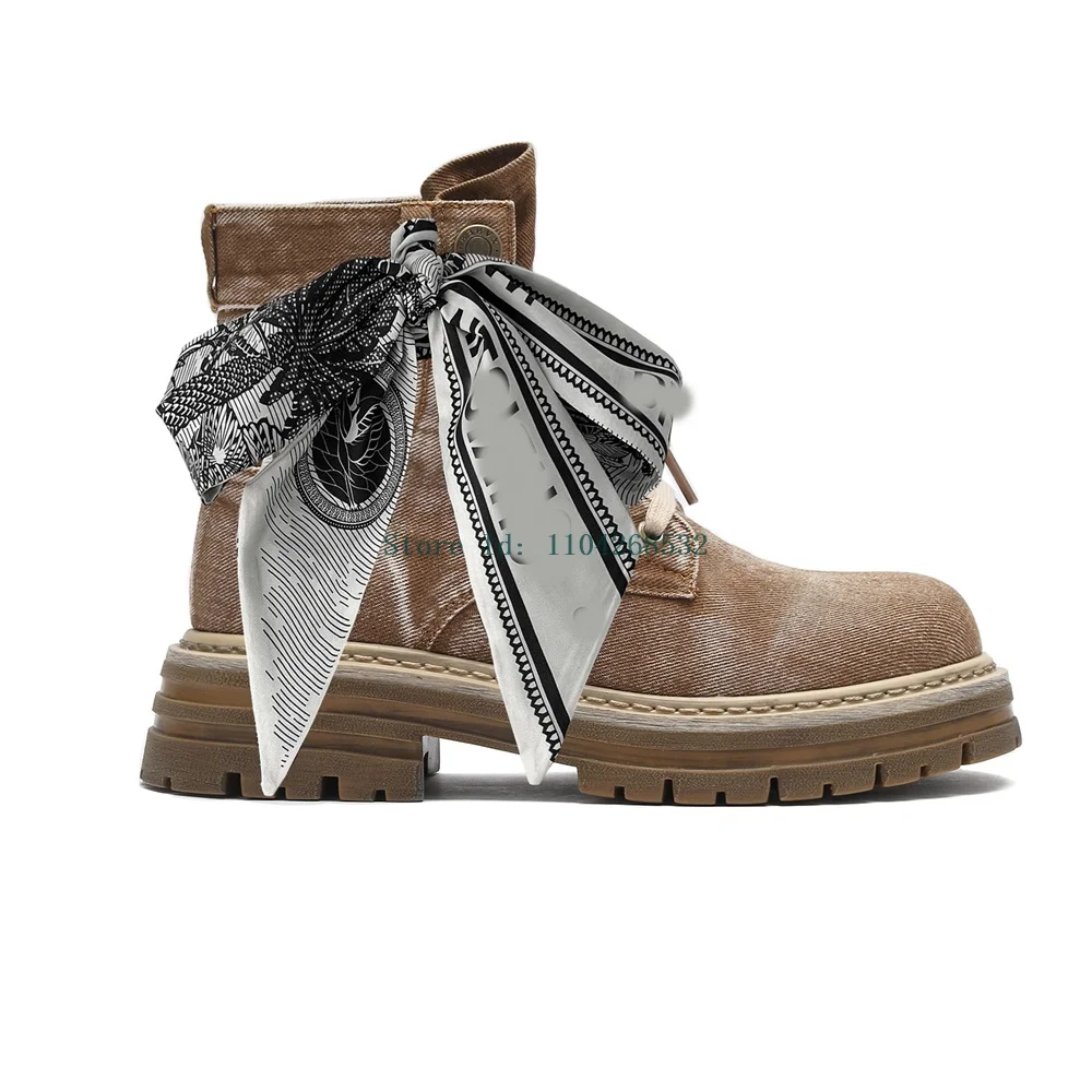 Джинсовые ботильоны с узлом-бабочкой и лентой джинсовые круглым носком на