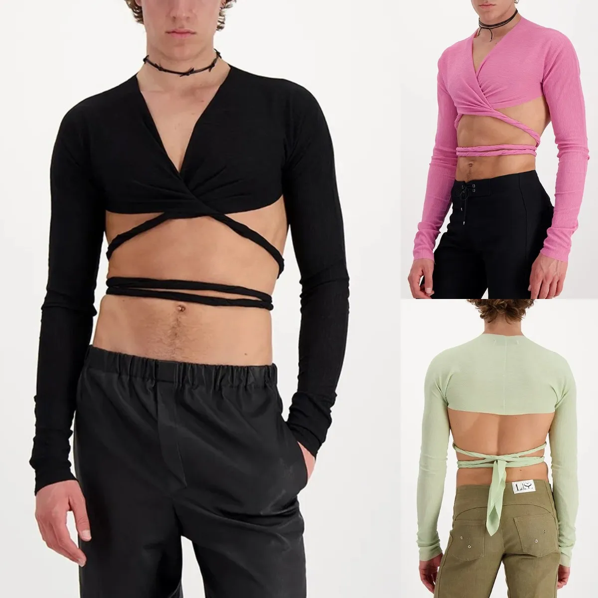 

AIIOU Sexy Hollow Mesh Men Bandage T-Shirts Tops Cross Mens Streetwear Pullovers Solid Long Sleeve Black Pink Mens Clothing