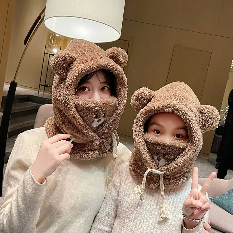 Cute bear bear mask all-in-one ear protection hat winter cycling warm windproof hat autumn and winter all-match winter scarf