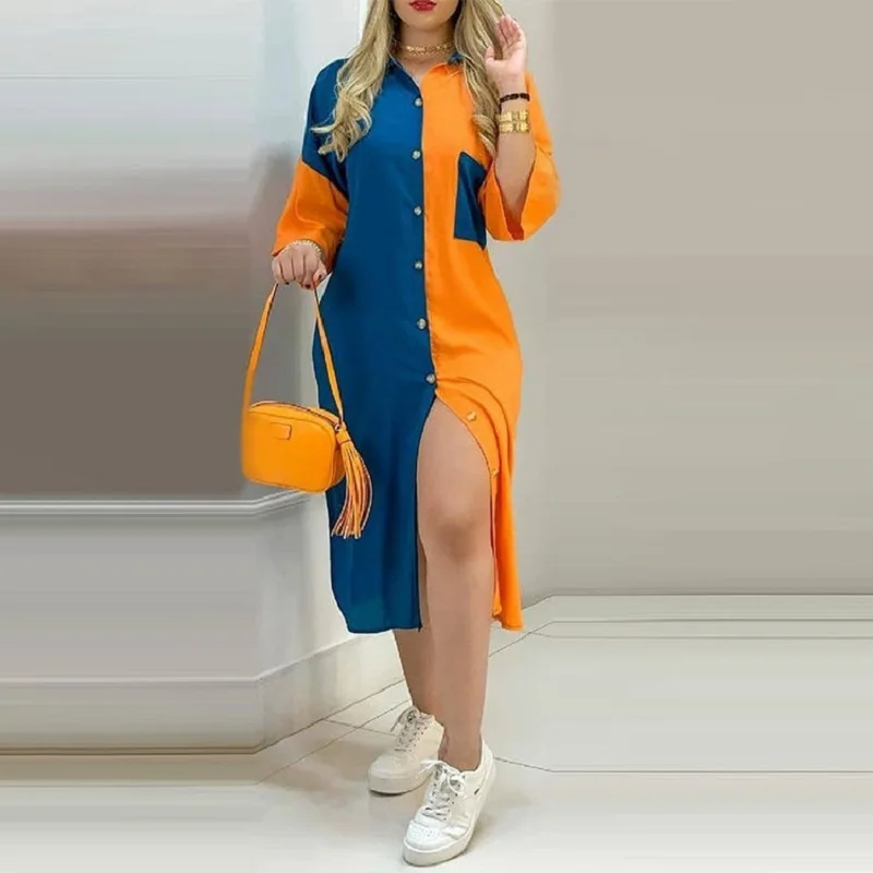 

Wepbel Patchwork Women Shirt Dress Printing Single-Breasted Pocket Loose Long Sleeve Dress Single Breasted Loose Cardigan Dress