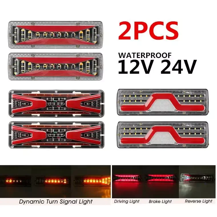 

2PCS 12V Dynamic LED Car Truck Tail Light Trailer Rear Light Brake Turn Signal Lamp Reverse Tractor Lorry Bus Campers Caravans