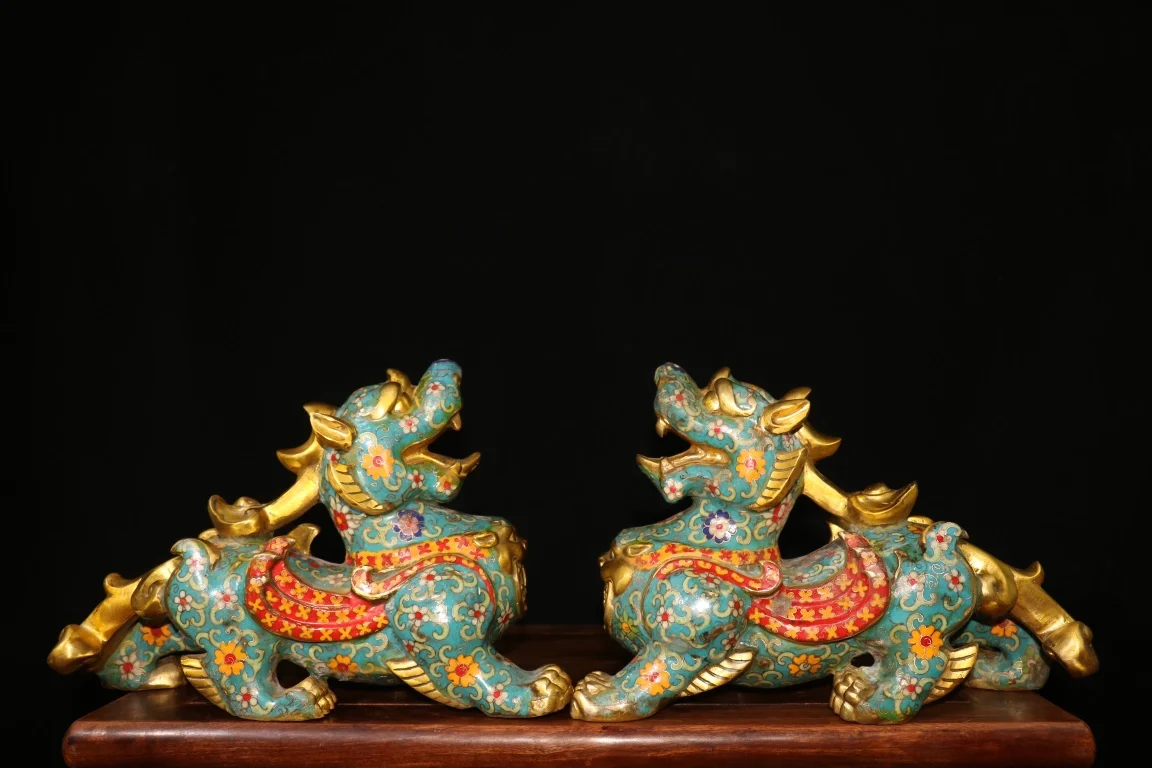 

12"Tibet Temple Collection Old Bronze Cloisonne Enamel Flower texture Brave Troops Unicorn A pair Amass wealth Town house