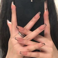 24pcs french square head false nails green v shaped design artificial fake nails with glue full cover nail tips press on nails