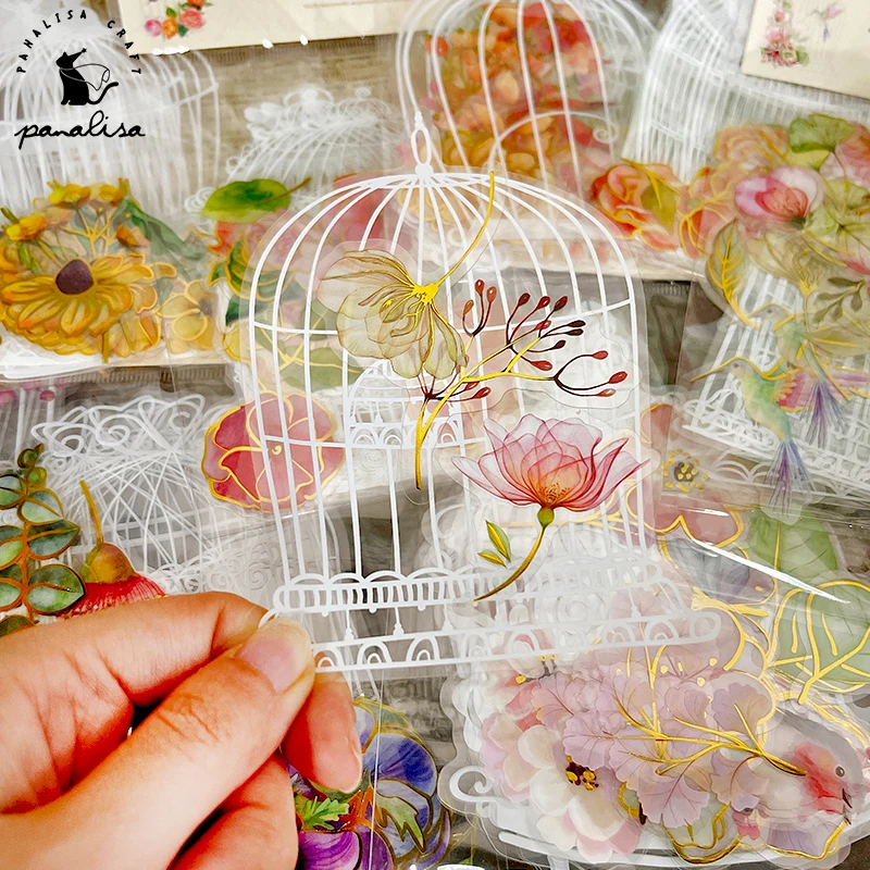 

Винтажные стикеры Panalisacraft в виде клетки для птиц, цветов, стикеры ручной работы, бумажные подложки для карточек, 8 стилей