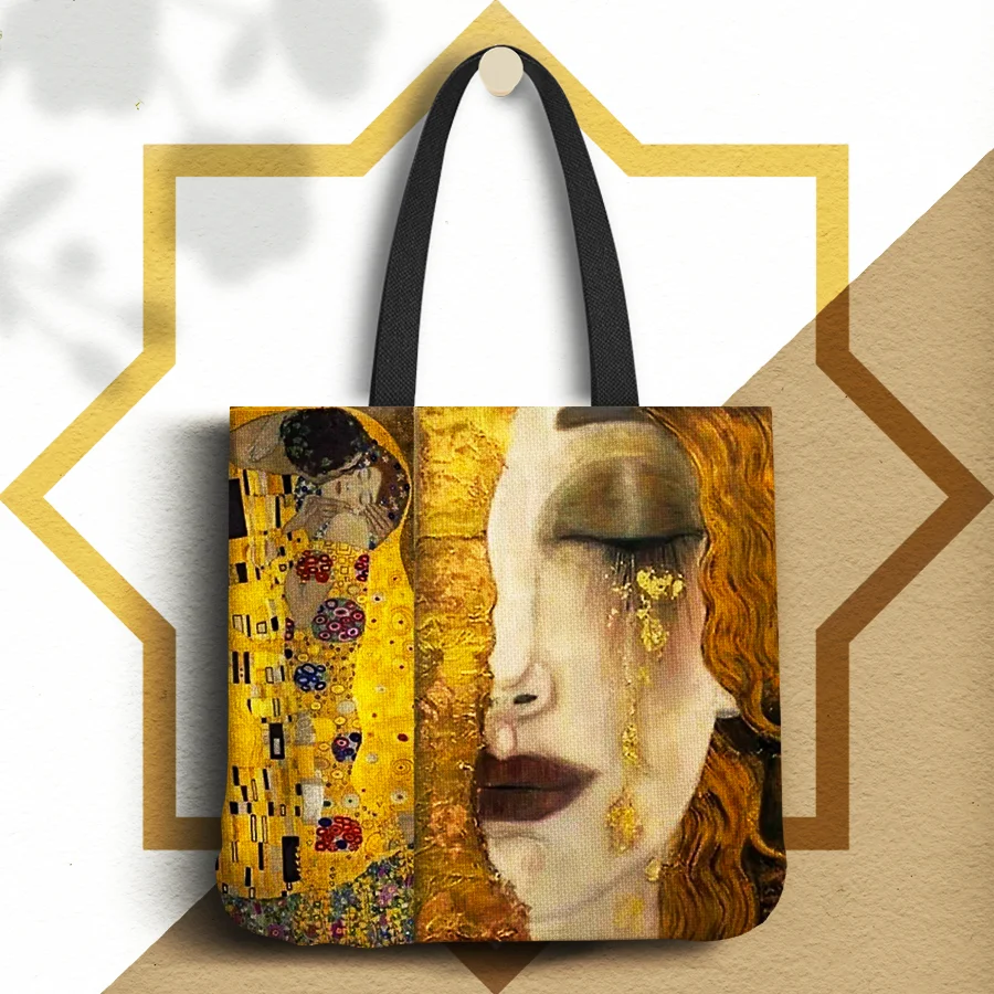 

Индивидуальная картина маслом, слезы, льняная ткань, сумки-шопперы для женщин AV Klimt Ladise, повторное использование, экологически чистые хозяйс...