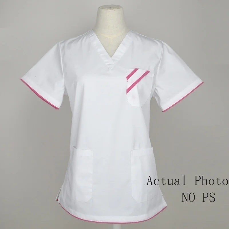 Camiseta de manga corta con cuello en V para mujer, uniformes médicos blancos, diseño de bloqueo de Color, disfraz de médico, camisa de odontología, ropa de enfermería