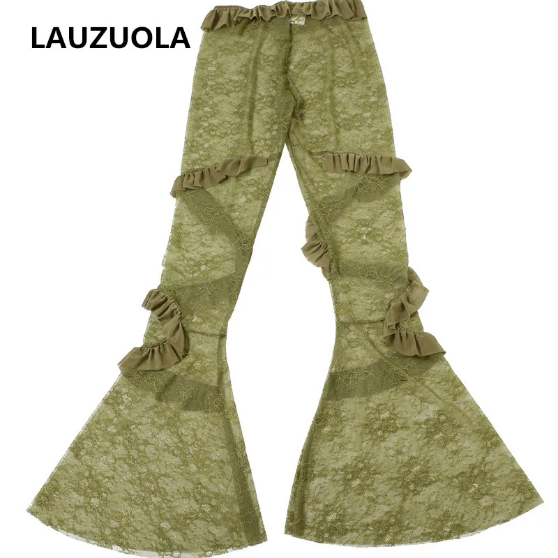 Сексуальные прозрачные зеленые кружевные брюки-клеш с рюшами женские брюки для