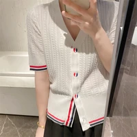 summer tb college style age reducing v neck single breasted color button short sleeved womens slim slim cardigan top