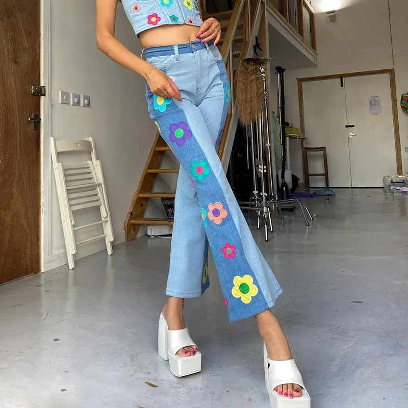 Retro Patch Designs Embroidery Flore Jeans Sweet Patchwork Denim Flare Trousers Y2k Casual High Waisted Wide Leg Pants Women 90s
