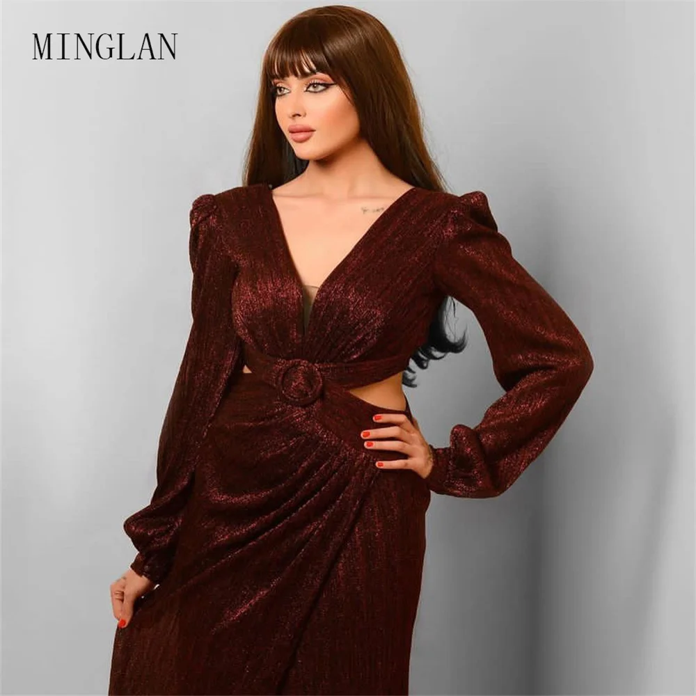 

MINGLAN Elegant V Neck Full Sleeve Backless Mermaid Long Prom Dress High Side Slit Floor Length Sweep Train Evening Gowns New