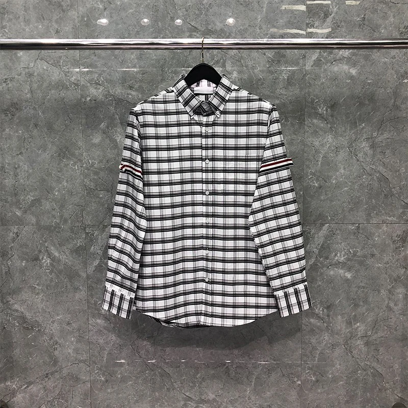 TB THOM Shirt Spring Autumn Fashion Brand Plaid Men's Shirt RWB Ribbon Armband Stripe Cotton Oxford Casual Wholesale TB Shirt