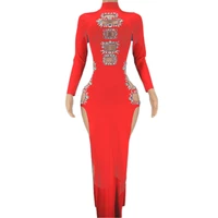 multicolored sexy hollow out crystal rhinestones split women dress evening party club clothing stage show singer costumes