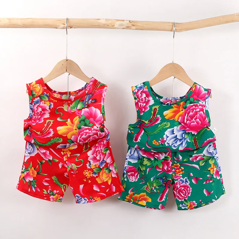 

2022 New National Style Children's Suit Vest Summer Thin Section Soil Cute Northeast Big Flower Clothes