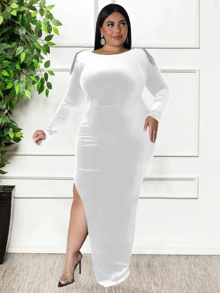 Plus Size Women Party Dresses Velvet Hollow Out Sexy Tassel Shoulder Elegant Evening Maxi Dress Wholes 3xl 4xl 5xl 6xl