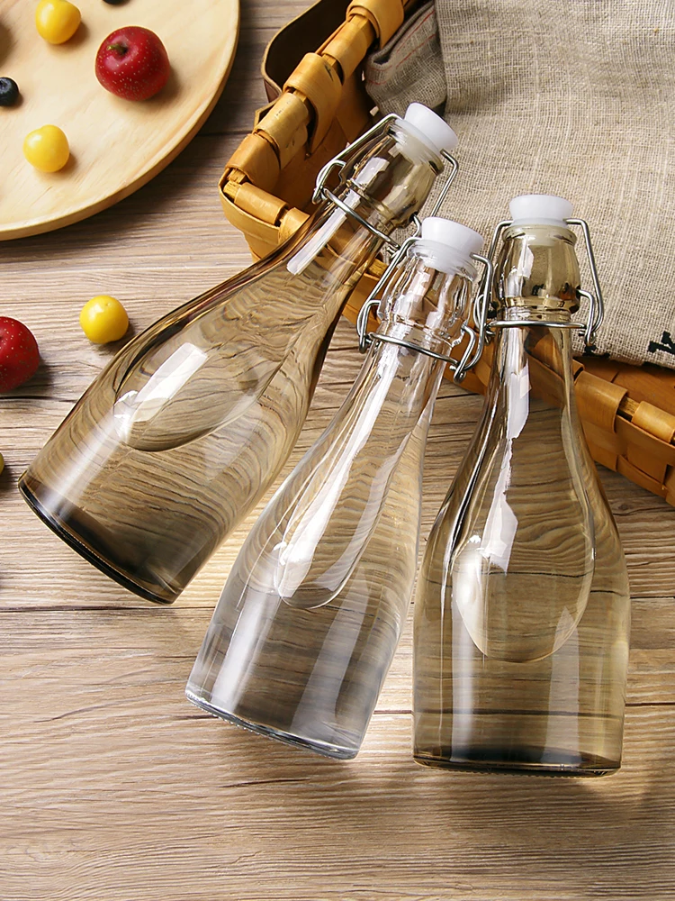 

350ml/500ml/1100ml Sealed Buckle Glass Bottle Jar Portable Juice Wine Water Can Storage Tank Food Container Jars Home Kitchen