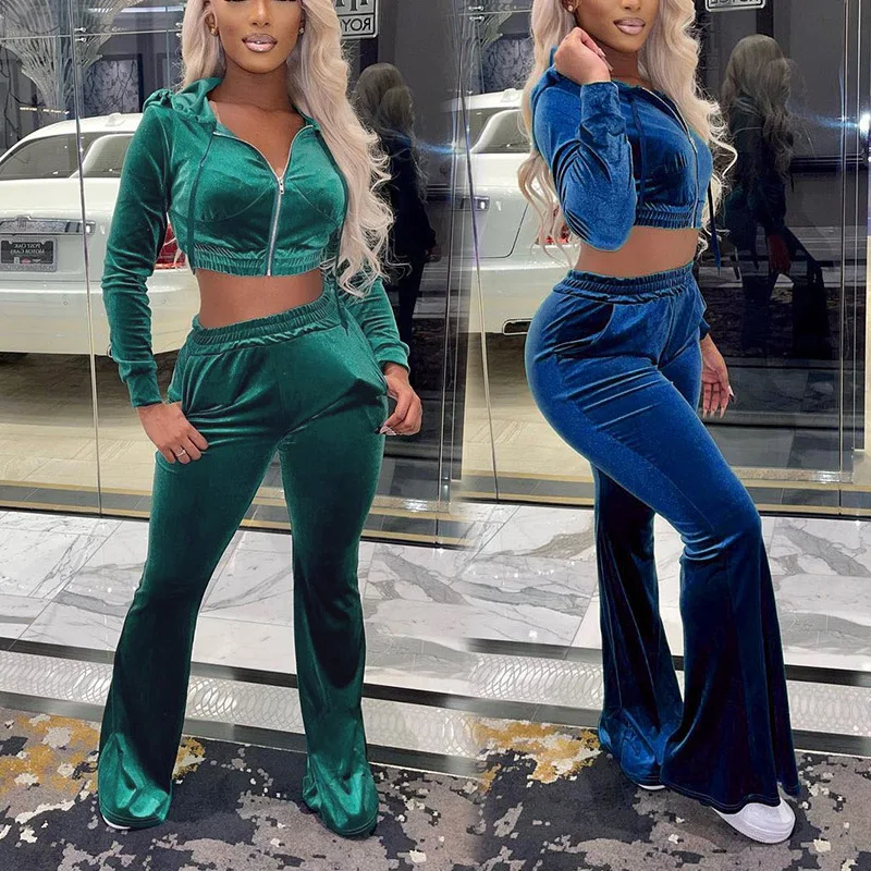 

Womens Suits Spring Summer New Temperament Fashion Velvet Casual Two Piece Set