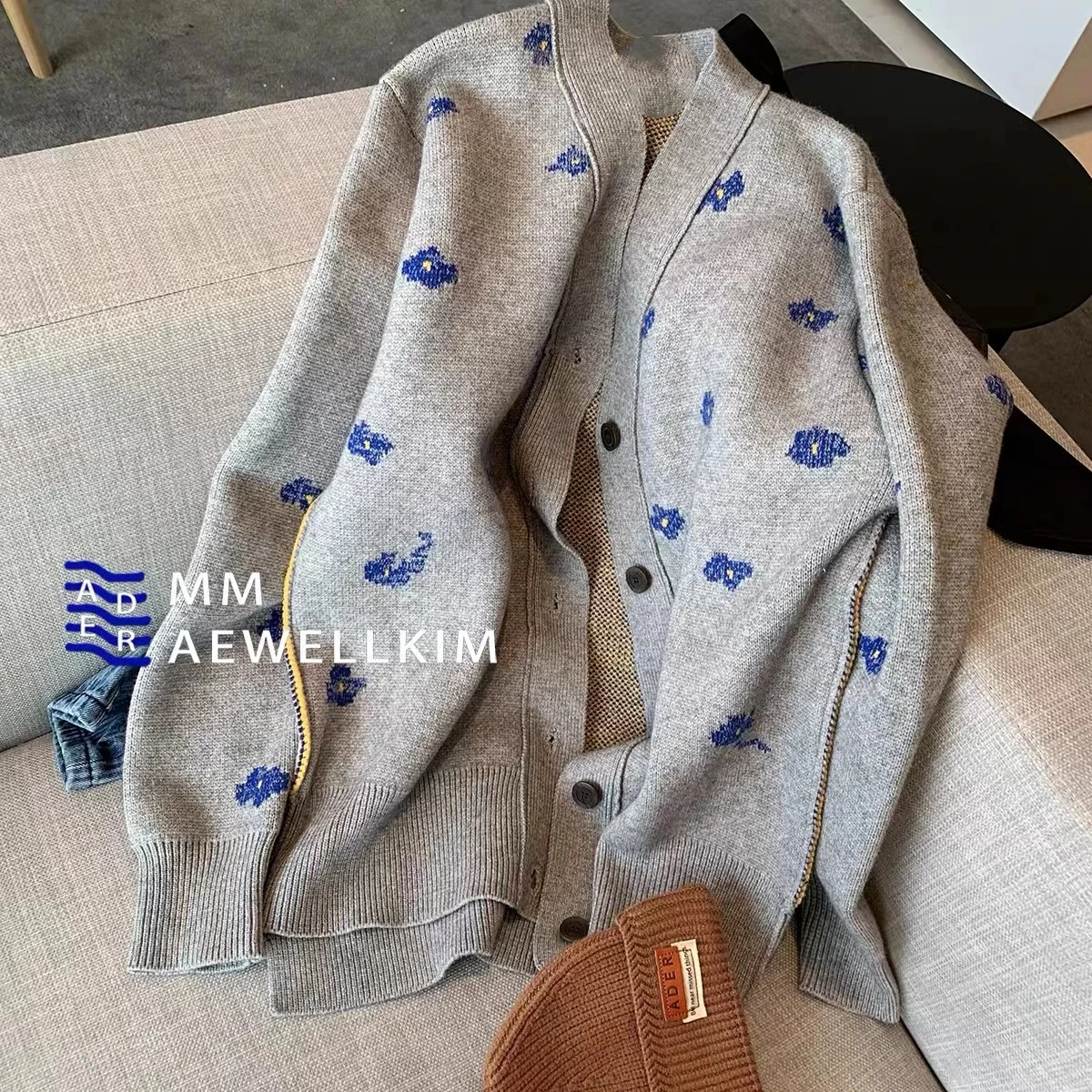 Ader error autumn and winter new blue flower embroidery loose cashmere knitted cardigan for men and women lovers sweater coat
