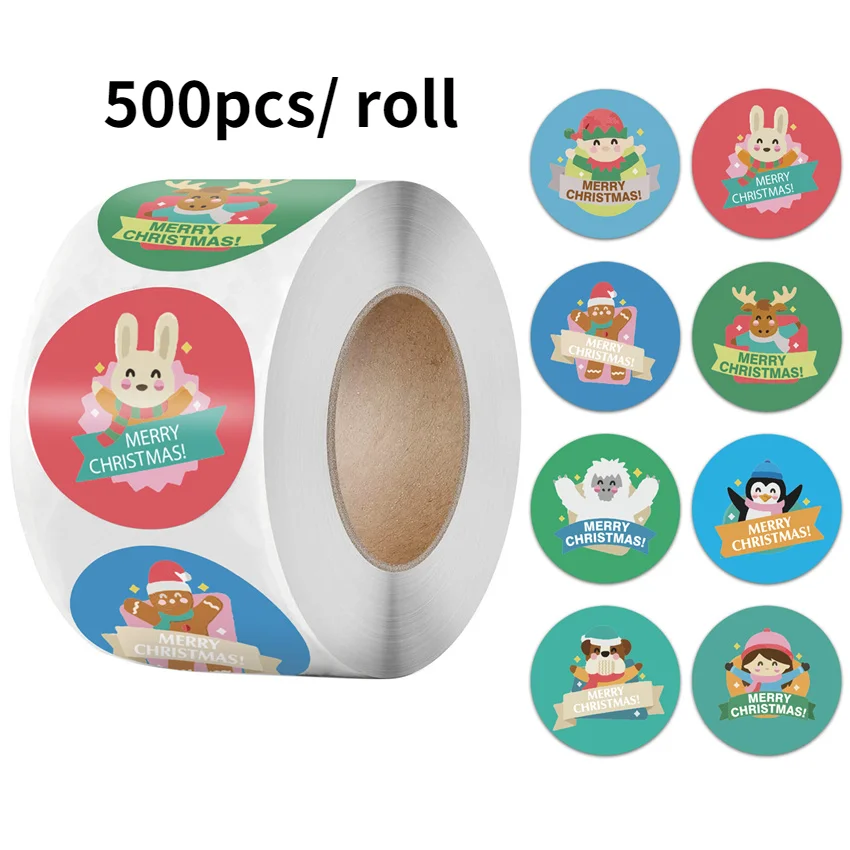 

500pcs/ roll Cartoons Santa Merry Christmas Paper Sticker Elk Sealing Label for Baking Packaging, Gift Card, Envelope Stickers