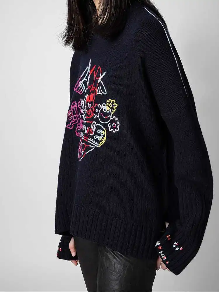 

2023 Autumn New Women Sweater Embroidered Pattern Long Sleeve Round Neck 100% Wool Pullover