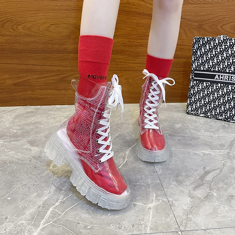 

2022 Cool Fashion Women Transparent Platform Boots Waterproof Ankle Boots Feminine Clear Heel Short Boots Sexy Female Rain Shoes