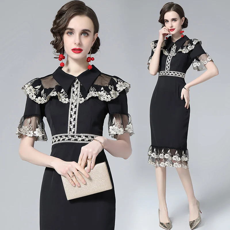 

Women's Summer New High-end Temperament Polo Collar Ruffle Sleeve Elegant and Dignified Heavy Industry Embroidery Fishtail Dress