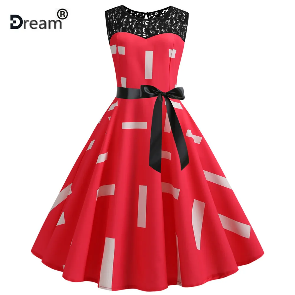 Женское винтажное платье с кружевом красное миди пышной юбкой в стиле рокабилли