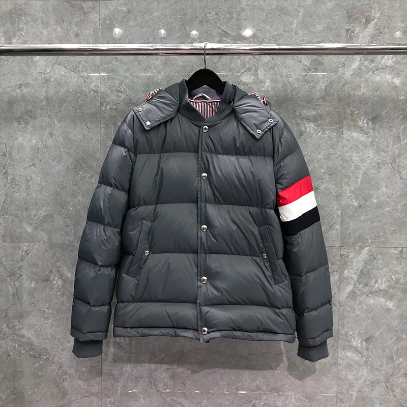 

TB THOM Winter Men's Jacket Down Jacket Fashion Brand Gray Hoodies Coat Down-Filled Matte Nylon RWB Stripe Wholesale TB Jackets