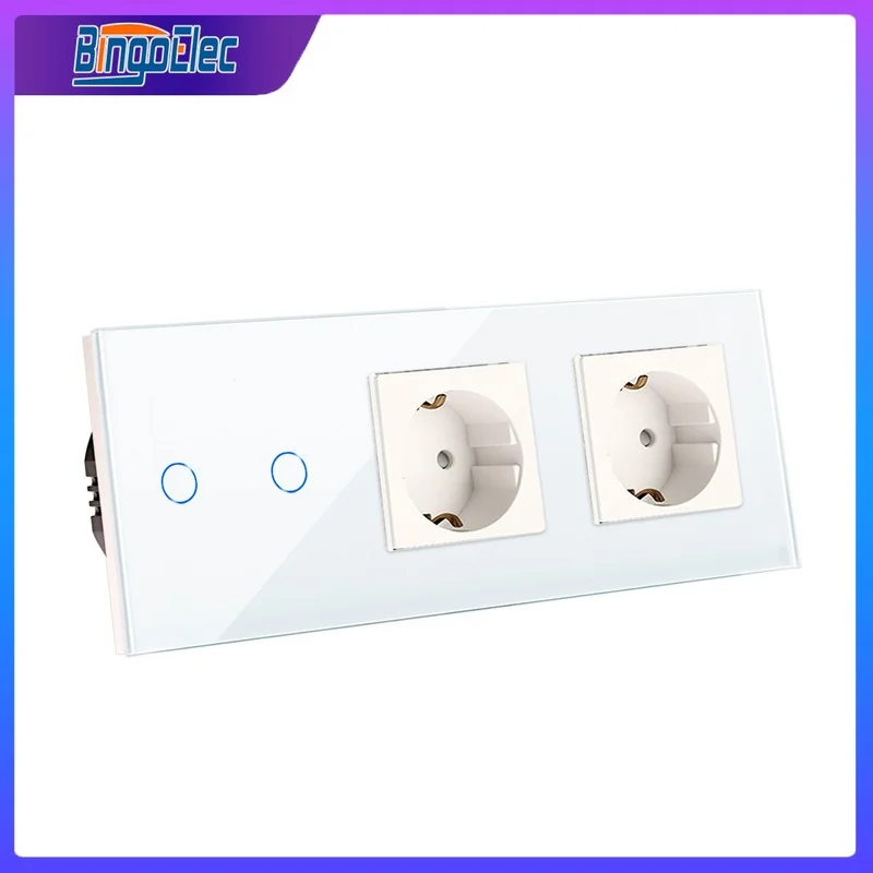 

Bingoelec 2Gang Touch Sensor Switch with Double EU Power Socekts 1Way Wall Light Dimmer Switches Crystal Glass power outlet