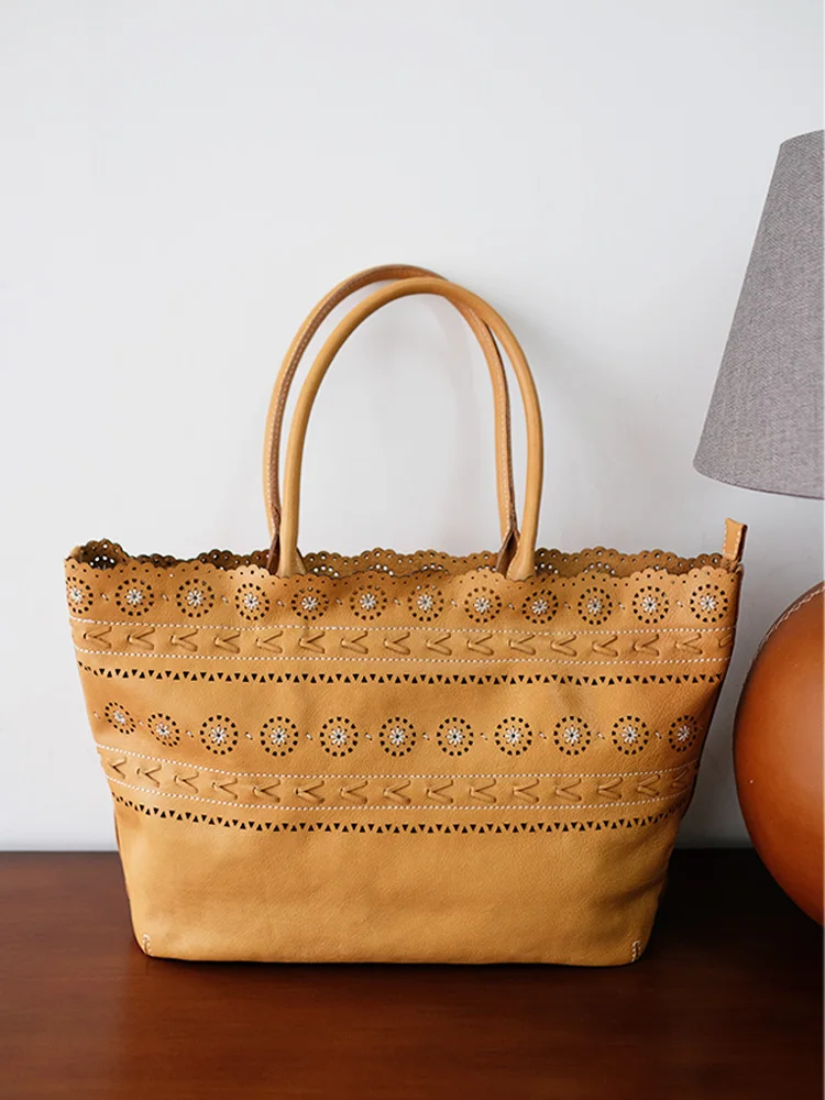 

Vintage Full Grain Leather Tote Shoulder Bag Womens Italy Designer Premium Handmade Large Handbag Large Capacity Work Bag Luxury