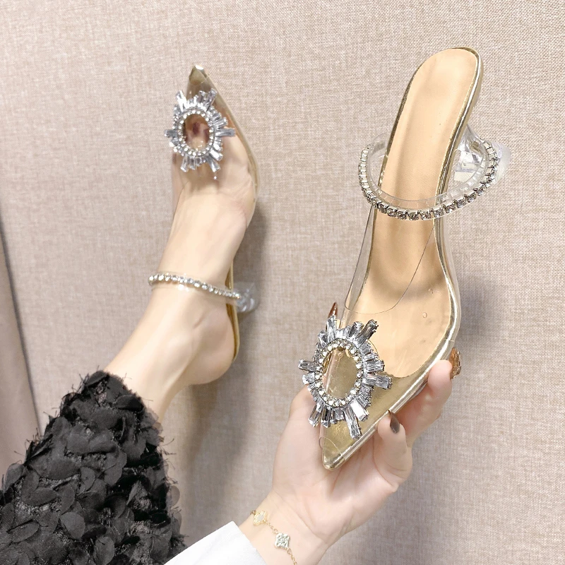

Туфли-лодочки женские прозрачные, заостренный носок, высокий каблук, кристаллы, квадратная пряжка, пикантные сандалии из ПВХ, свадебные босоножки