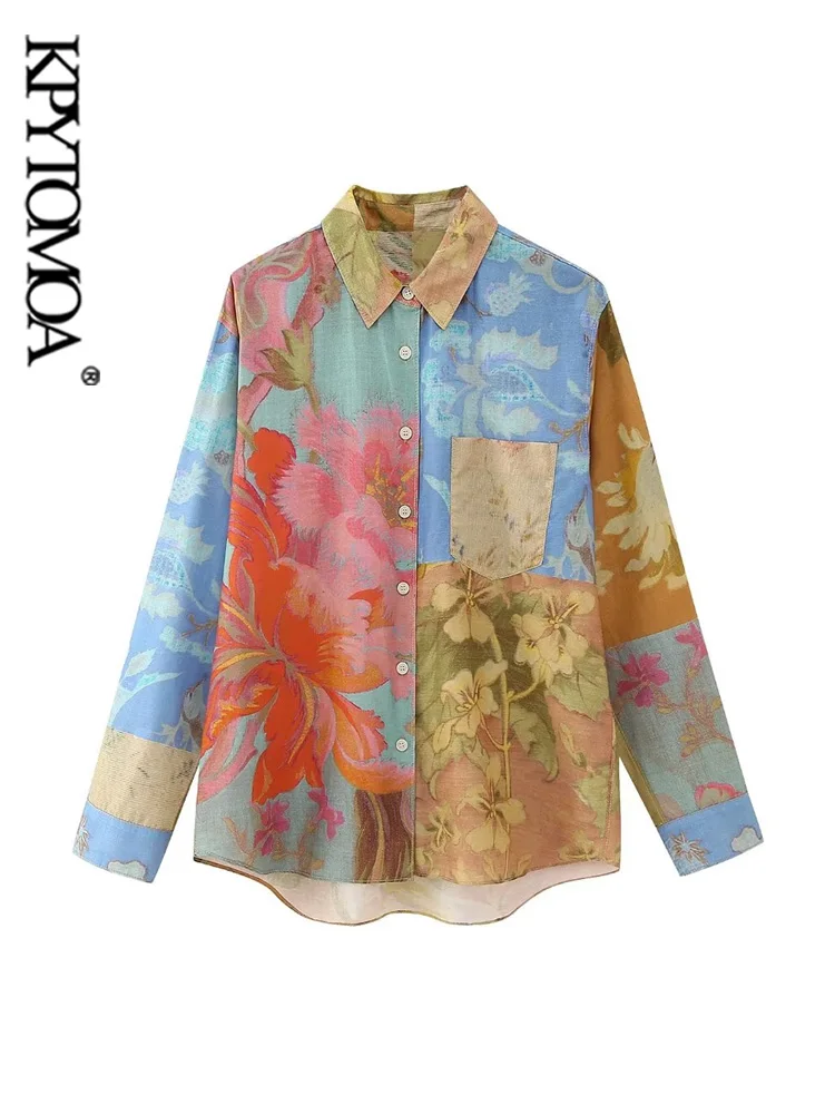 

KPYTOMOA Женская мода с карманами лоскутный принт рубашки винтажные с длинным рукавом на пуговицах женские блузки Блузы шикарные топы