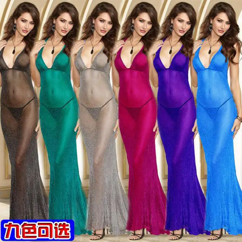 

Sexy Private Pajamas Female Summer Lace Long Nightdress Long Dress Shine Sleepdress Lingerie for Women Sissy Backless Dresses